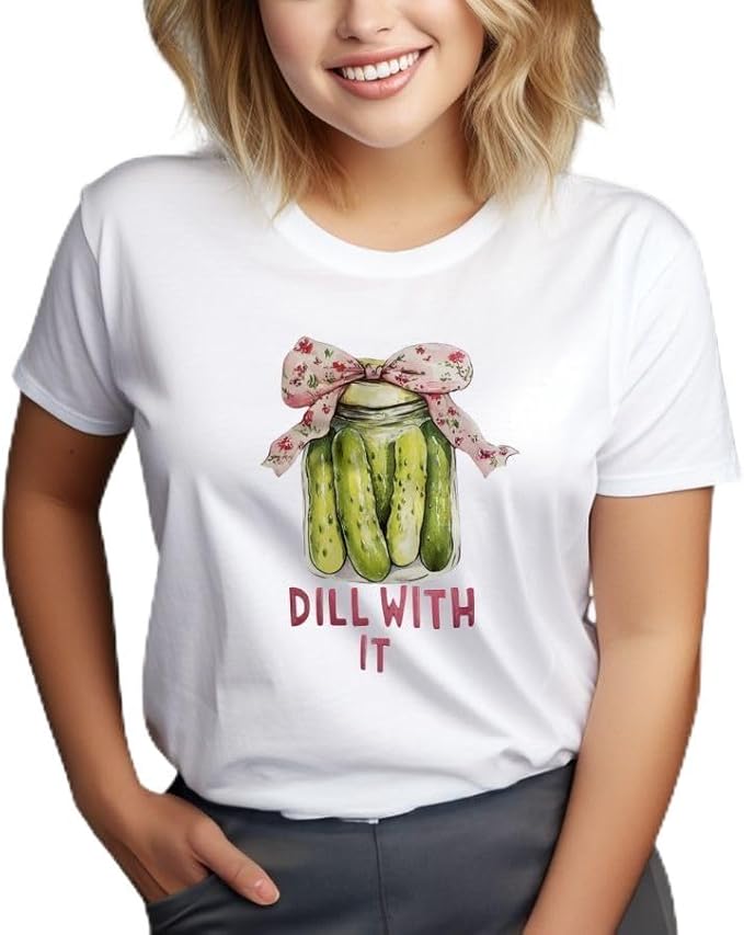 Dill with It Funny Pickle Jar Graphic T-Shirt, Cotton, Women's Casual Short Sleeve